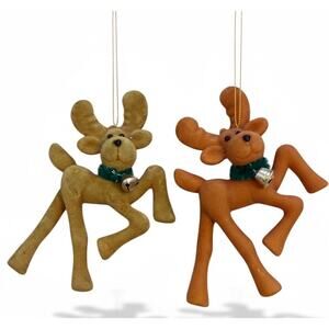 2 Vtg Flocked Reindeer Ornaments Kitschy Christmas Blow Mold Felt Bells MCM 60s